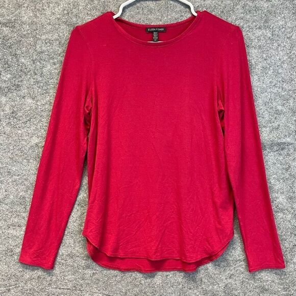 EILEEN FISHER Top Women’s Small Red Stretch Jersey Long Sleeve Crewneck T-Shirt - Picture 1 of 10